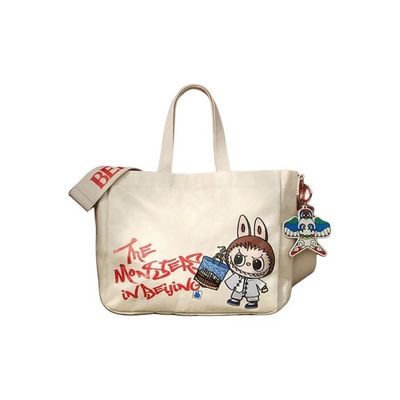 Labubu Printed Letters Tote Bag Large Shoulder Bag Ladies Canvas Zipper Concealed Commuting Everyday Handbag
