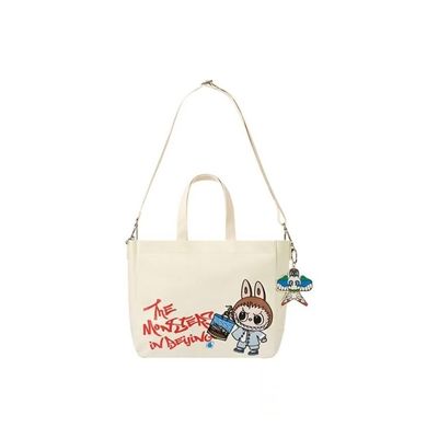 Labubu Printed Letters Tote Bag Large Shoulder Bag Ladies Canvas Zipper Concealed Commuting Everyday Handbag