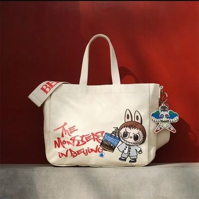 Labubu Printed Letters Tote Bag Large Shoulder Bag Ladies Canvas Zipper Concealed Commuting Everyday Handbag